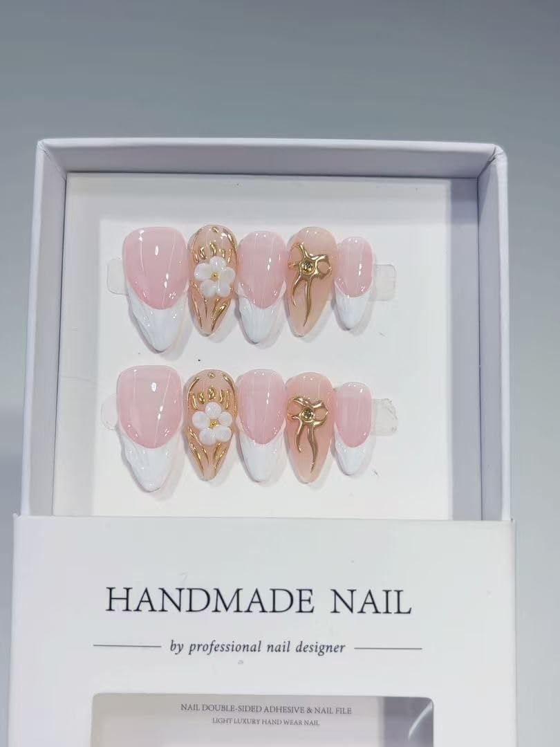 Handmade armor piercing light pink premium French 3D style nail patch small size