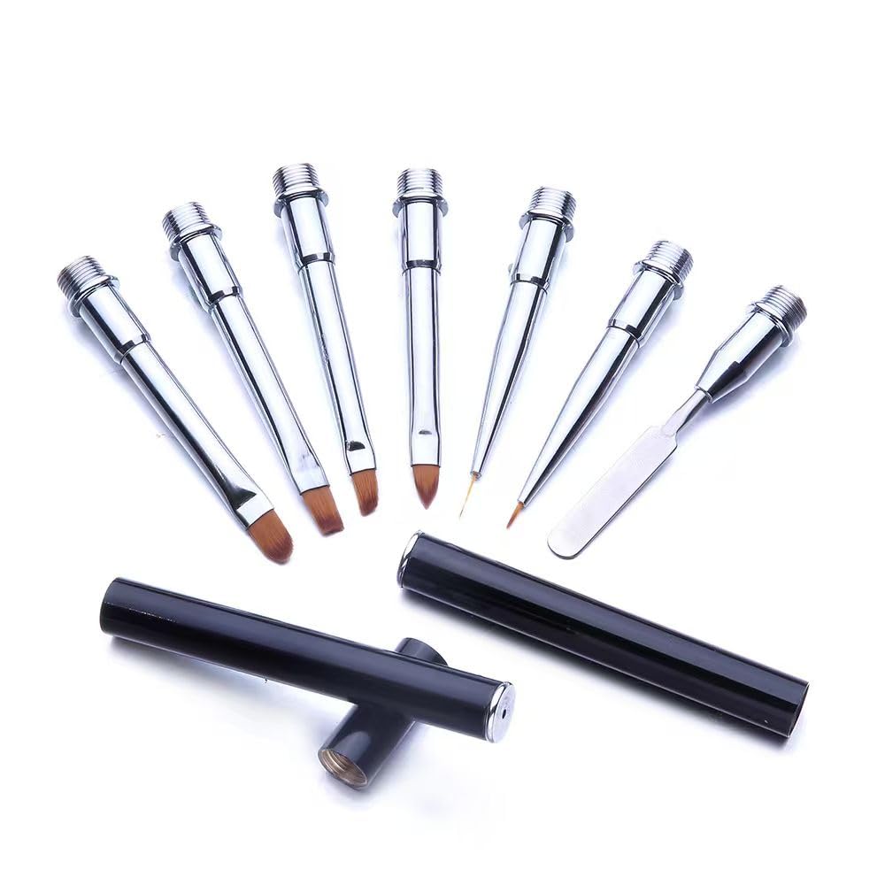 7-in-1 Nail Art Brush Set - Dual-Ended Stainless Steel Nail Tool with Spatula & Replaceable Brush Heads, Professional Acrylic & Gel Nail Brushes for Carving, Liner, Detail & Salon Manicure