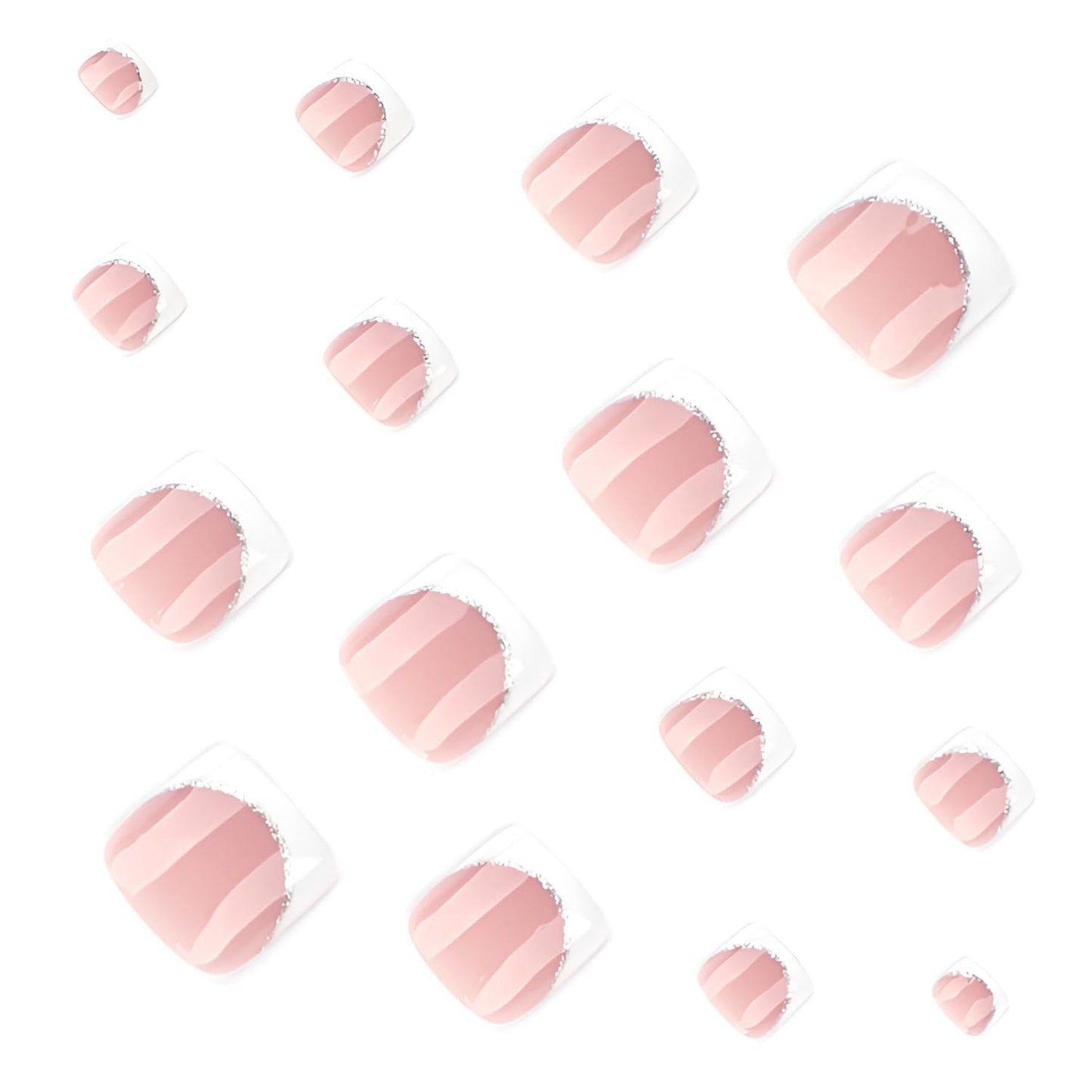 24Pcs French Tip Press on Toenails Short Square Toenail Press ons Glossy Fake Toe Nails with Glitter Design White Nude Glue on Toe Nails Reusable Stick on Toenails for Women Decorations Set