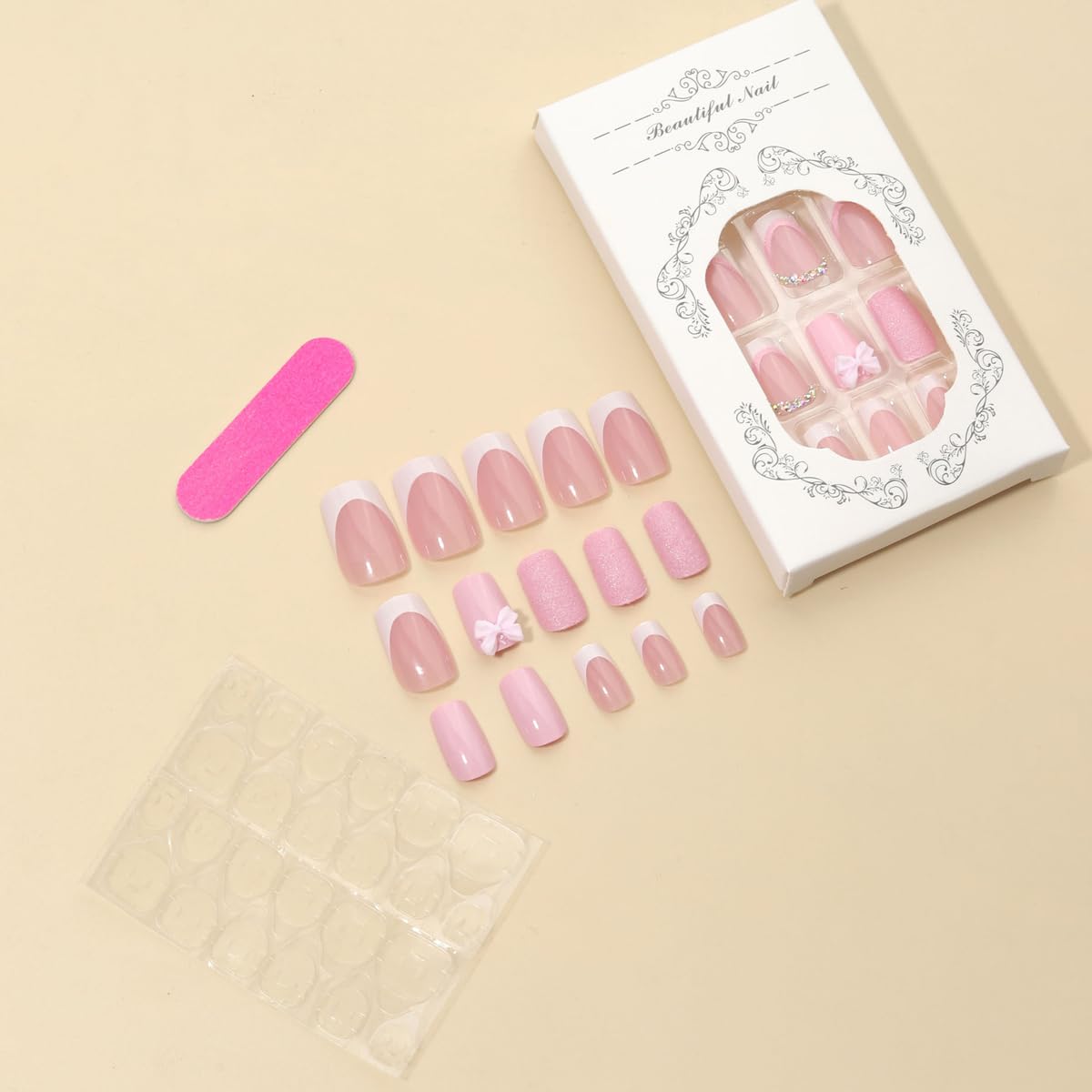 French Tip Press on Nails with Charms Short Fake Nails, French Nails Press ons Cute Pink Bow Stick on Nails Medium Square Shape Glossy Sparkly Full Cover Glue on Nails for Women Daily Wear 24 pieces