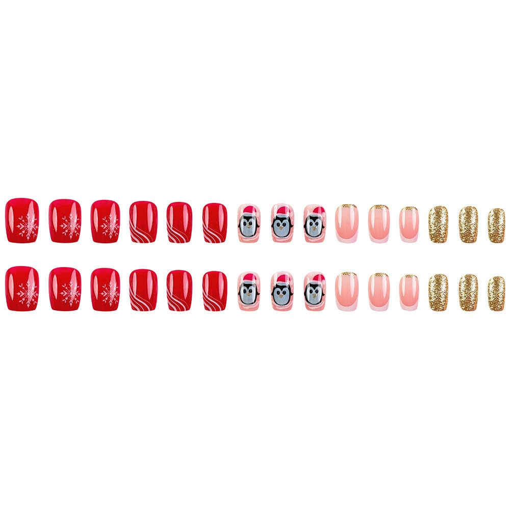 Christmas Press on Nails Short Winter Fake Nails Red Stripe Snowflake Penguin with Designs Candy Cane Glitter on Nails Acrylic Nails Press ons Artificial Nails for Women 24Pcs