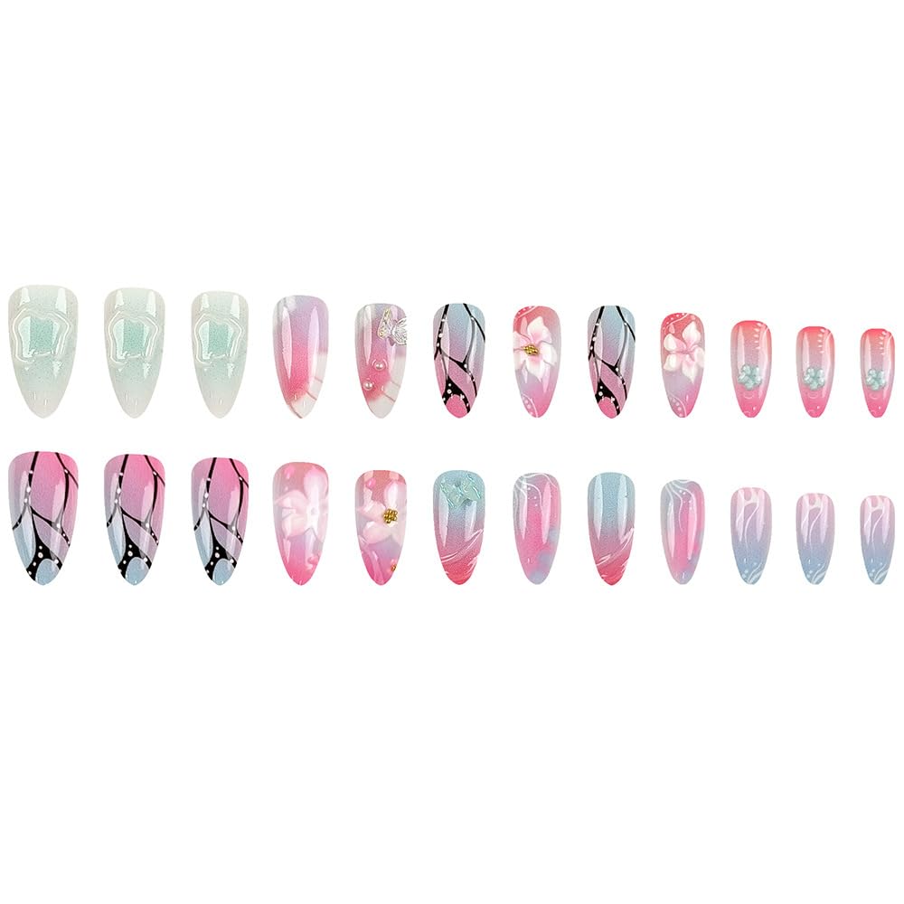 Mkwntg 24Pcs Pink Flower Press on Nails Medium Almond Fake Nails with 3D Gold Beads Pearl Butterfly Rhinestones Design Spring Floral Ombre Acrylic False Nails White Nude Stick on Nails for Women DIY