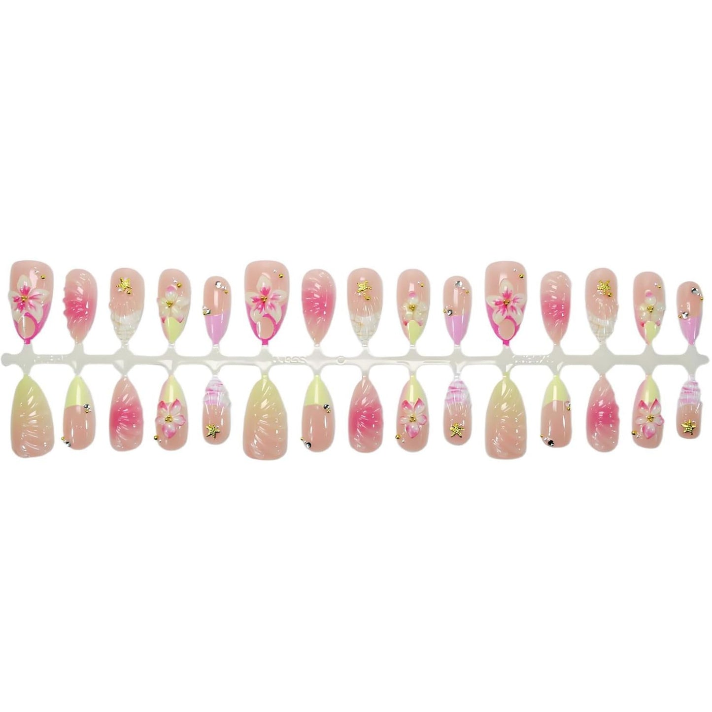 Cute Flower Press on Nails Medium Almond French Tip Fake Nails 3D Pink Gradient Flowers False Nails with Rhinestone Gold Beads Charms Design Acrylic Nails Golden Starfish Glue on Nail for Women 30Pcs