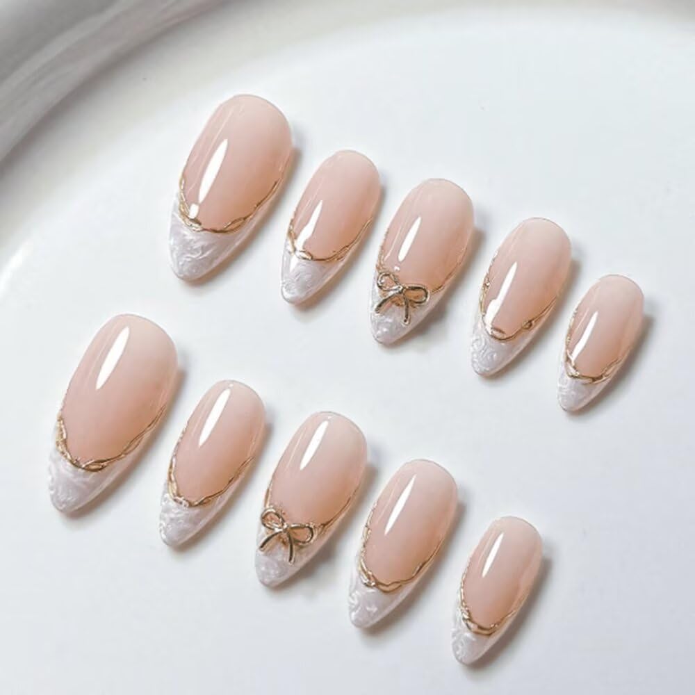 MAGLFELL Press On Nails - Handmade Almond Fake Nails, Cute French Bow Design, Reusable Artificial Almond False Nails for Women 10 Pcs 3D Acrylic Nails Kit (Size S)