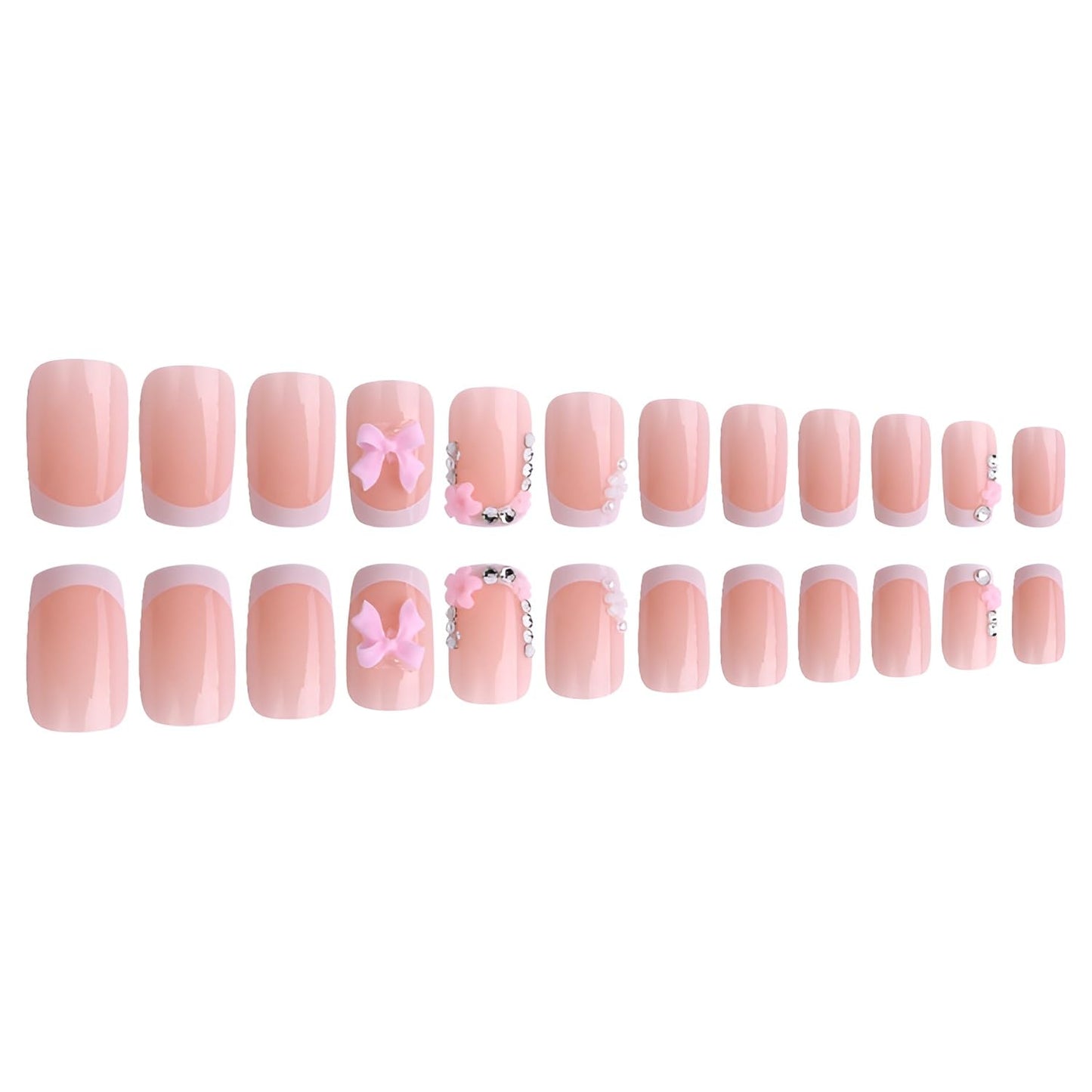 24Pcs French Tip Press On Nails Medium Square Fake Nails Bow Nails Press Ons Rhinestones False Nails With Flower Design Glossy Glue on Nail White French Tip Stick on Nail for Women Set