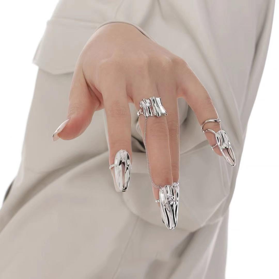 5Pcs Finger Tip Nail Rings for Women, Adjustable Opening Nail Art Charms Accessories, Finger Tip Ring Claw Rings Nail, Irregular Fingertip Nail Armor Ring Punk Jewelry Set (Silver)