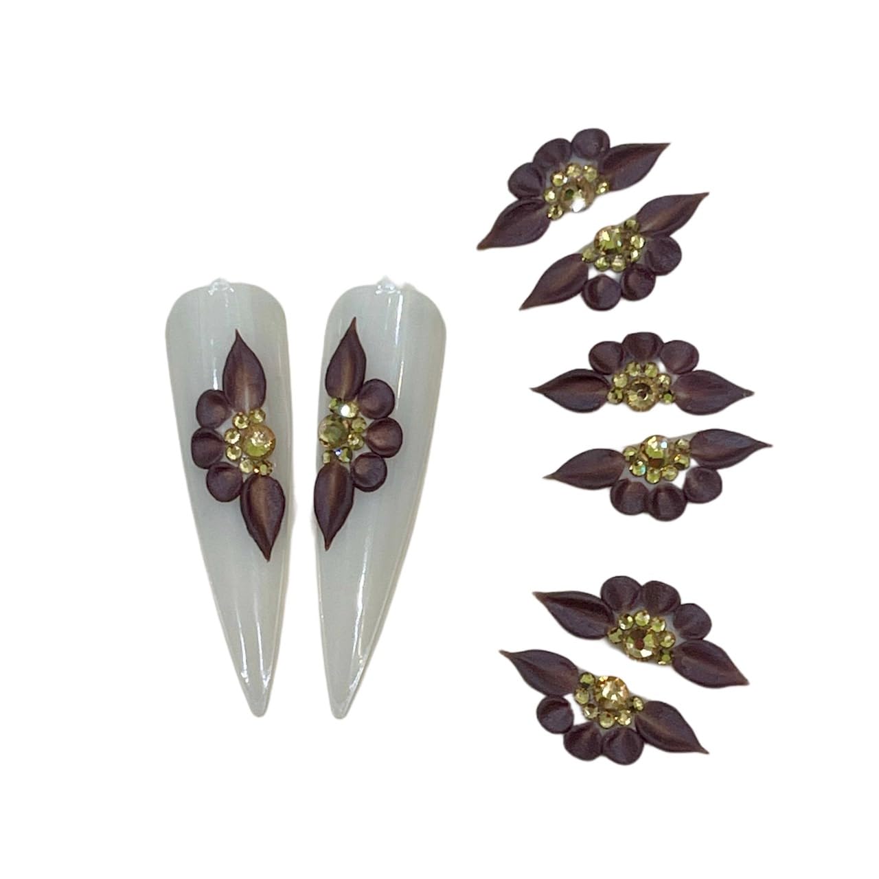 Set 8Pcs 3D Flowers Nails Charms With Rhinestone Gems Handmade by Acrylic Powder Design For Long Nail L,XL,XXL Flower Nail Art Floral Salon Decor Women Girls (Chocolate-8PCs)