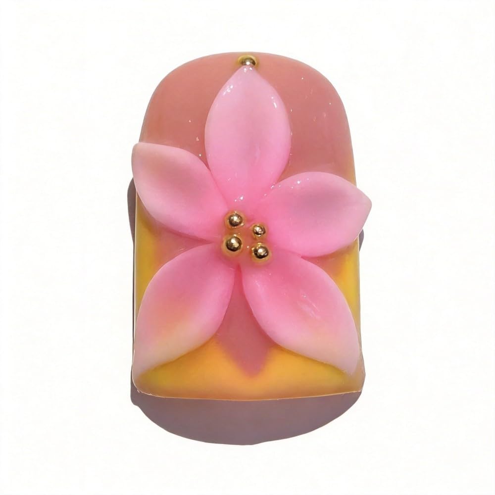 Vokupoga Handmade Press on Nails Short Square Fake Nails French Tip False Nails with 3D Flower Designs Pink Acrylic Nails for Women 10Pcs(Size M)