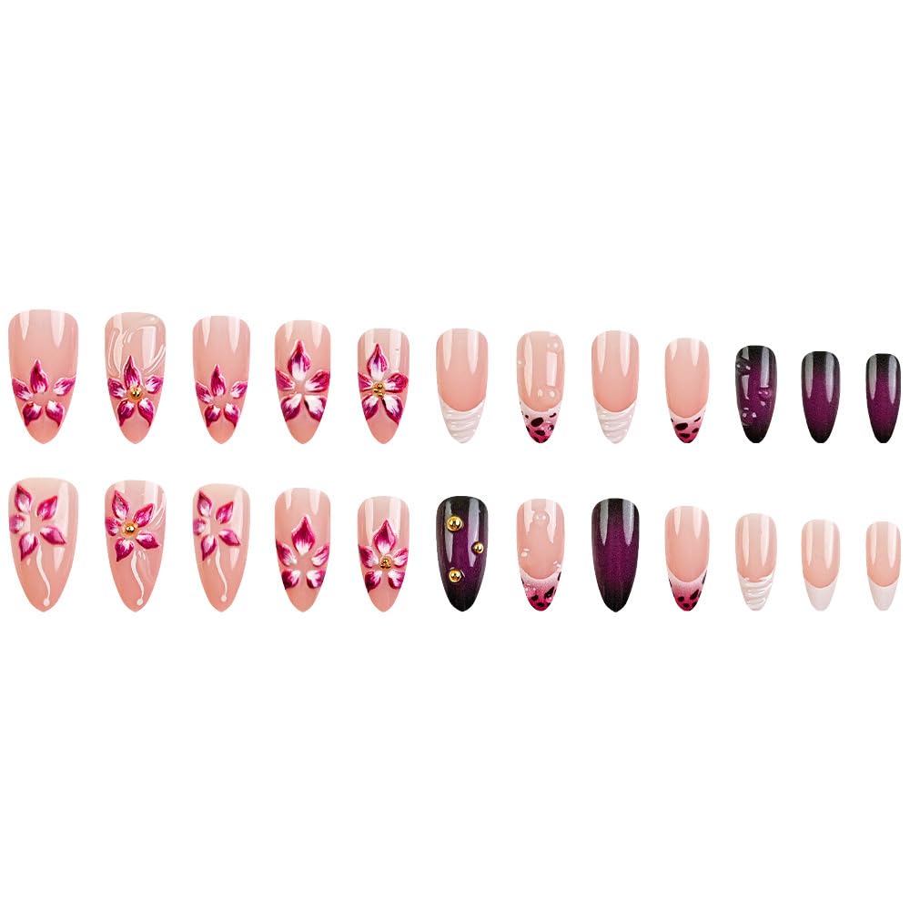 LBPEPAMZ 24Pcs Flower Press on Nails Medium Almond Fake Nails with 3D Floral Design Glue on Nails Gradient French Tip False Nail Gold Rhinestone Charms Acrylic Full Cover Stick on Nail for Women