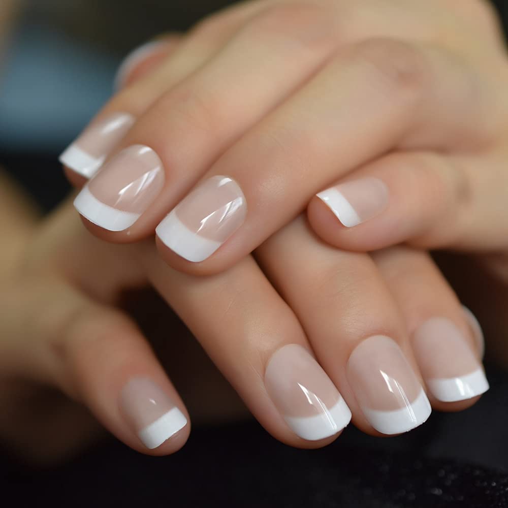 Glossy Natural Beige Nude White French Press On Nails Short - IKISKT Acrylic False Nails, Glue On Nails with Glue Sticker Salon Women Girls DIY Stick On Nails - 24PCS UV Gel Reusable Fake Nails Kit