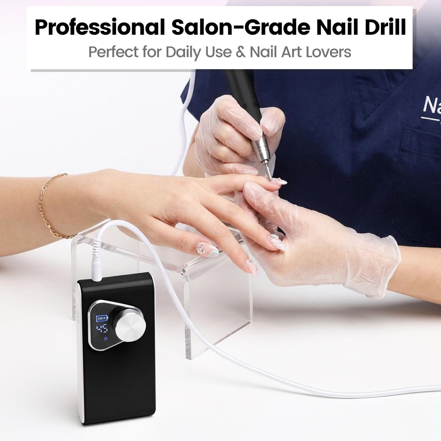 YSC Electric Nail Drill - 45000RPM Rechargeable Efile with Coreless Motor, Waterproof Nail Drill for Acrylic Nails, Portable Efile Kit for Home Salon Manicure Pedicure, Low Noise & Vibration Black