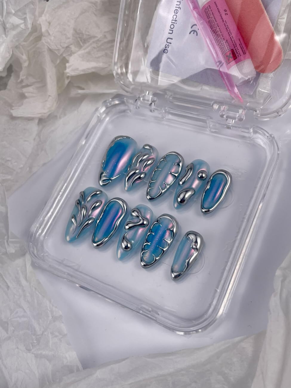 RDNTBEU Press on Nails Blue Ombre Medium Almond 3D Fake Nails Reusable Luxury Handmade False Nails with Design Solid Chrome,Press ons Muti-Layer Gel Acrylic Handmade Nails for Wome Manicure(Size S)