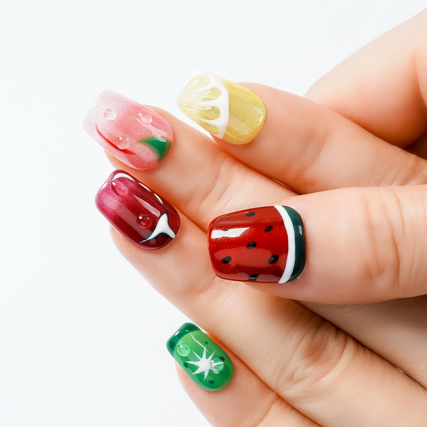 Tesytto Glitter Press on Nails Short Coffin Summer Fruit Nails Cateyes with 3D Water Drop, Hand-painted Watermelon & Lemon Art, Reusable Acrylic Full Cover Fake Nails, 10pcs (Fruit Party,S)