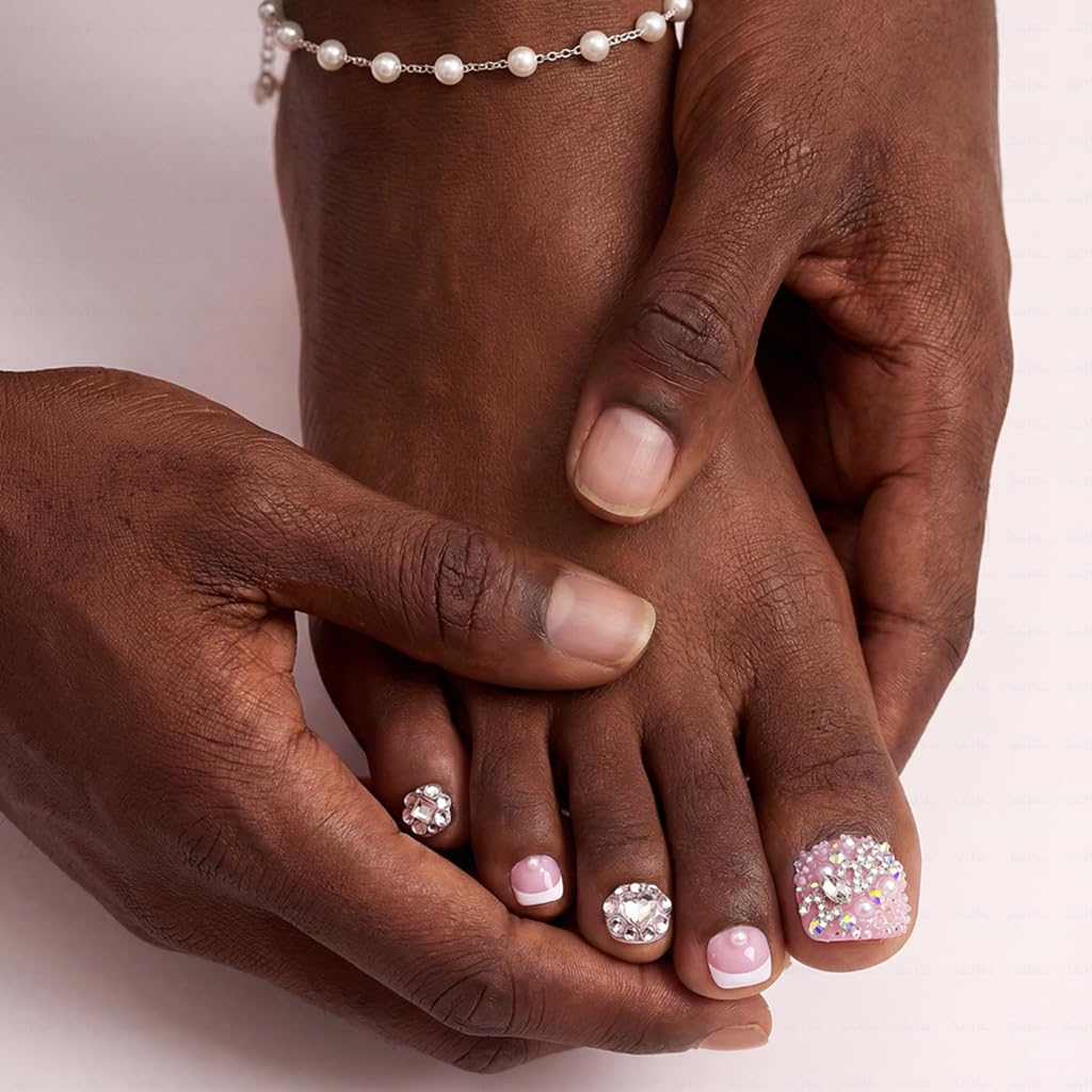 IntoVibes 10 Pieces Handmade Luxury Press On Toenails With Bling Rhinestones And 2026 3D Decoration, Full Cover, Press On Nails Stick On Toe Nails For Women Manicure, Acrylic Fake Toe Nails(M)