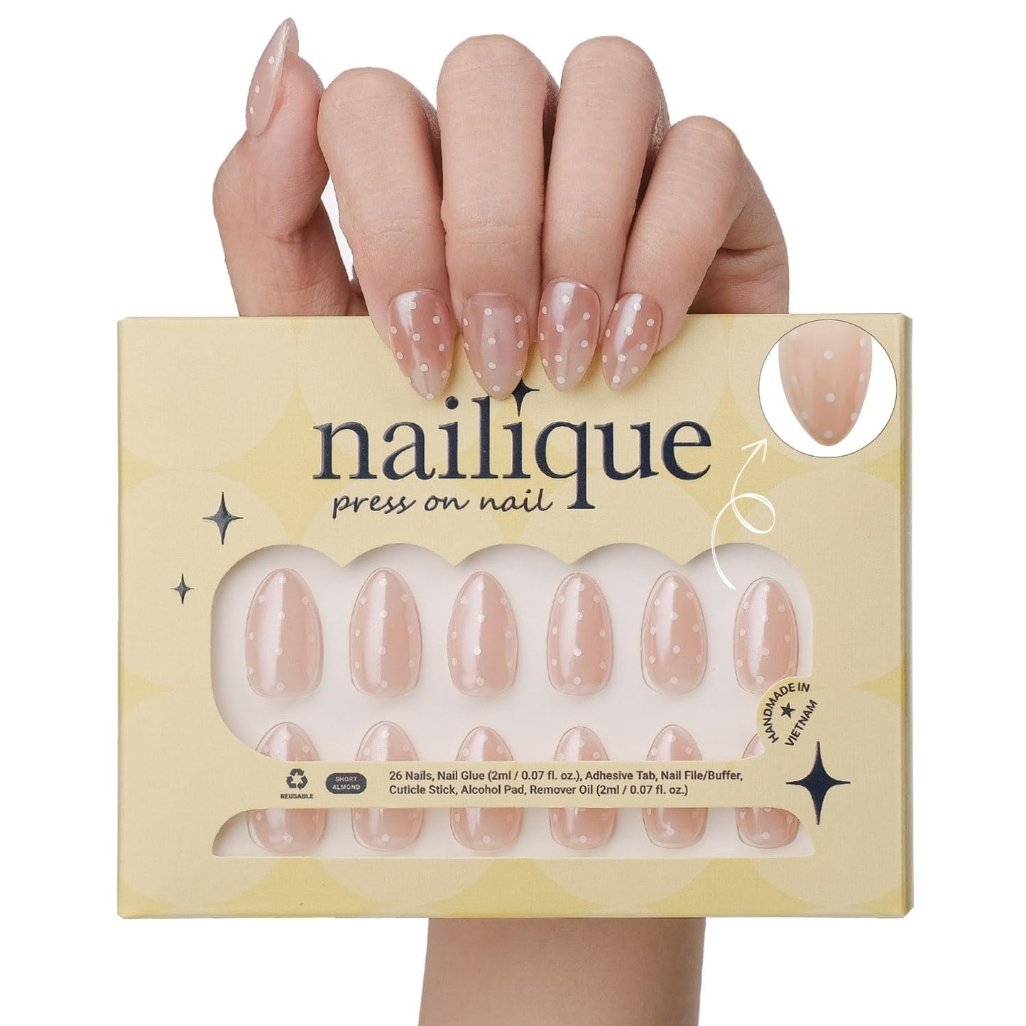 NAILIQUE Press On Nails Short Almond, Handmade Soft Gel Chrome Glazed Donut Nude White Polka Dot Fake Nails, 26pcs Reusable Nail Tips with Glue & Remover, Salon Quality Wedding & Everyday Manicure