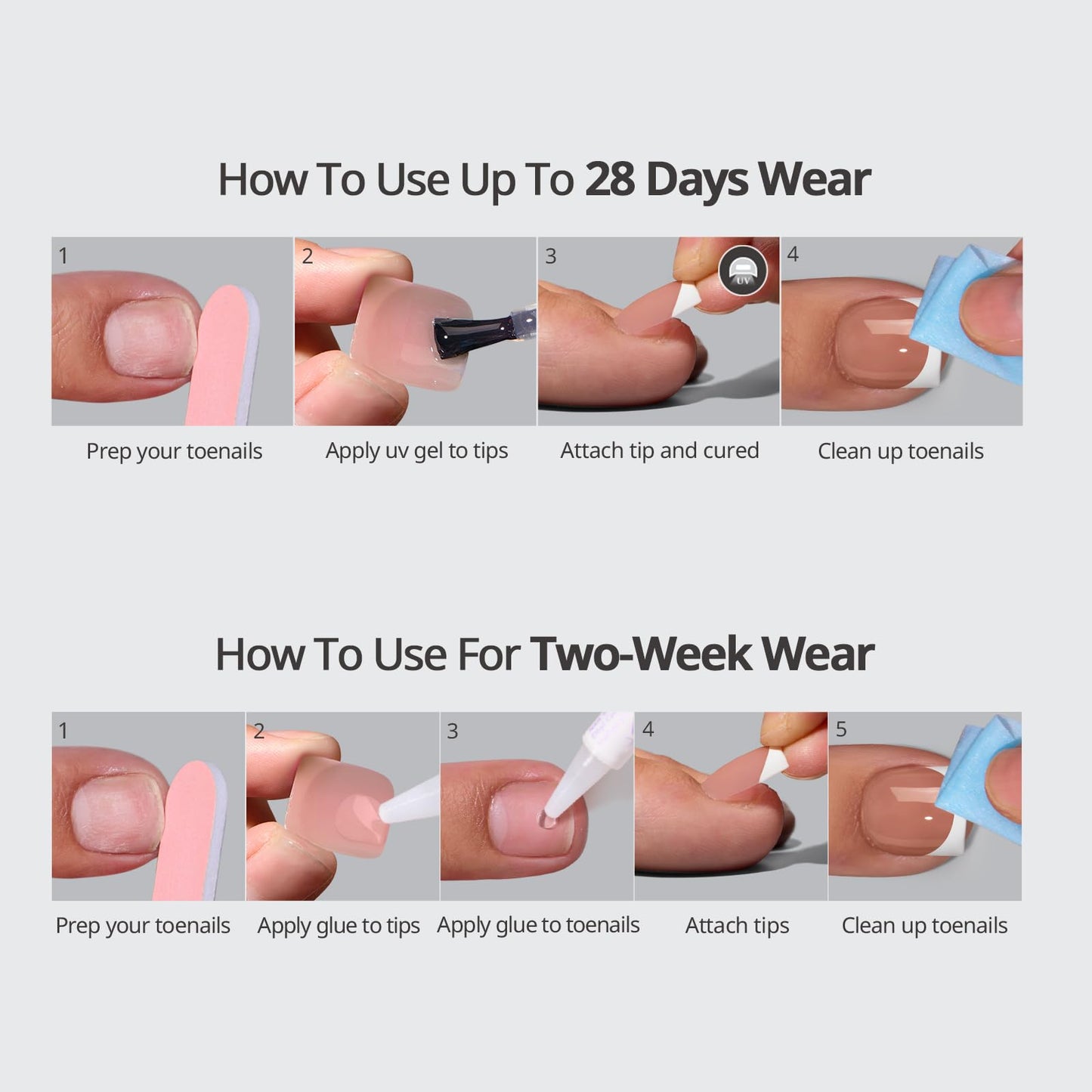 BTArtbox Press On Toenails - Lamp-Curable Sharp Square Toe Nail Press Ons with Glue for Women, Semi-Transparent French Tip Fake Toe Nail Tips in 15 Sizes - 30 Toenails Kit, Ma'am