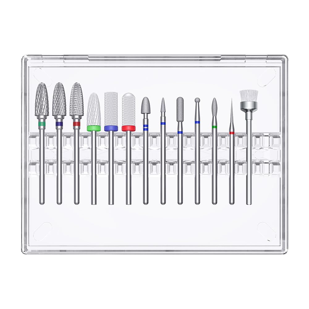 Glix 13-in-1 Professional Nail Drill Bits Set, Tungsten Carbide, Ceramic, and Diamond Cuticle Remover E File Bits for Acrylic Nails, Gel Polish Removal, 3/32" Shank Manicure Kit