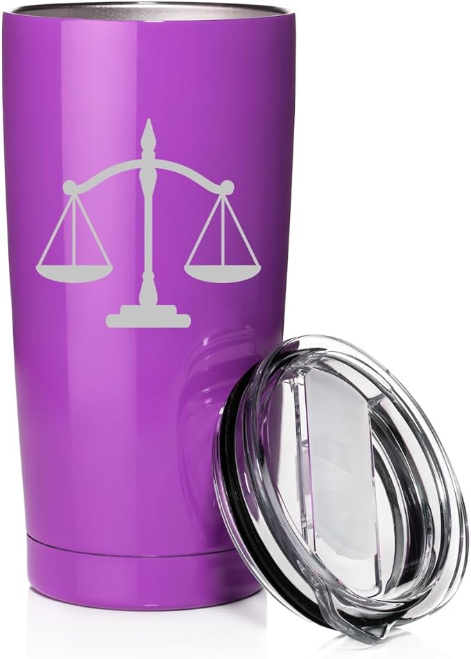 Smooth Body Tumbler Stainless Steel Vacuum Insulated Travel Mug Cup Gift Scales of Justice Lawyer Paralegal Judge (Purple, 20 oz)