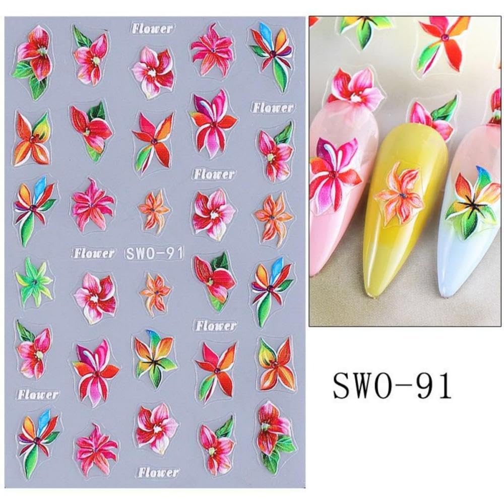 Flower Nail Stickers 5D Embossed Pearl Ocean Nail Decals 3D Self-Adhesive Summer Nail Art Stickers Coral Nail Designs Butterfly Beach Nail Art Decoration for Women Girls DIY 4 Sheets