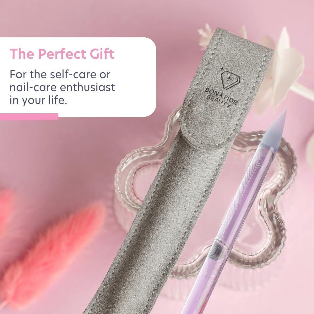 Bona Fide Beauty Glass Cuticle Pusher - High Grit Purple Dual Ended Nail Care Tool with Pointed and Slanted End. Manicure Tool for Women