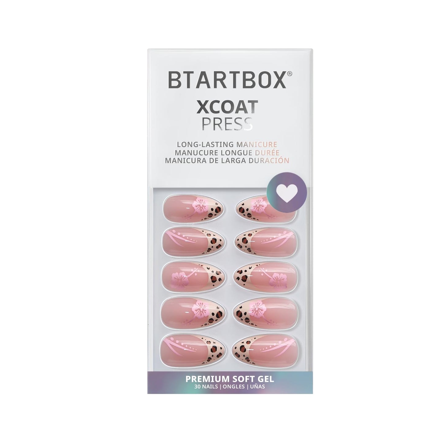 BTArtbox Press On Nails Almond- Wild Bloomery, Lamp-Curable 4-Week Wear Pink Leopard French Tip Press On Nails with Glue and Adhesive Tabs, Easy-to-Apply in 15 Sizes - 30 Nails All-in-One Kit