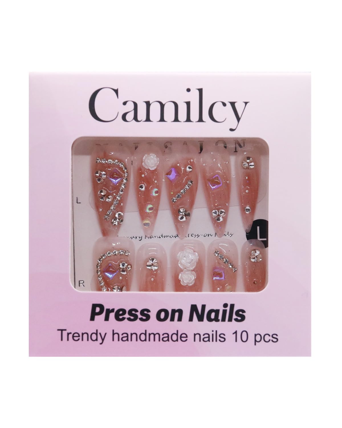 CAMILCY Handmade Press on Nails Long Stiletto Glossy Nude Pink Fake Nails with 3D Flowers Rhinestones Luxury Crystal Bling Acrylic Nails Reusable Stick on Nails for Women (B04, L)