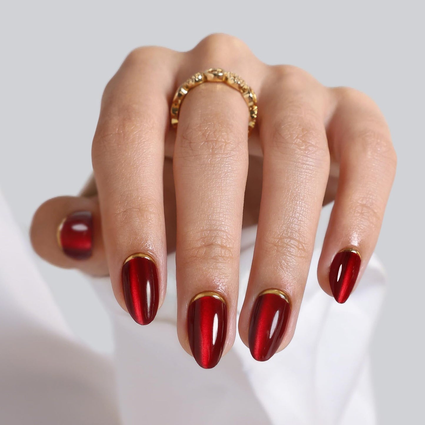 Dark Red Cat Eye Press on Nails Almond - SHANGMENG Soft Gel 3D Gold Foil Short Nails for Women Gift, Glossy Glue on Nails with Glue in 16 Sizes - 32 Reusable Fake Nails, Champagne & Cherries
