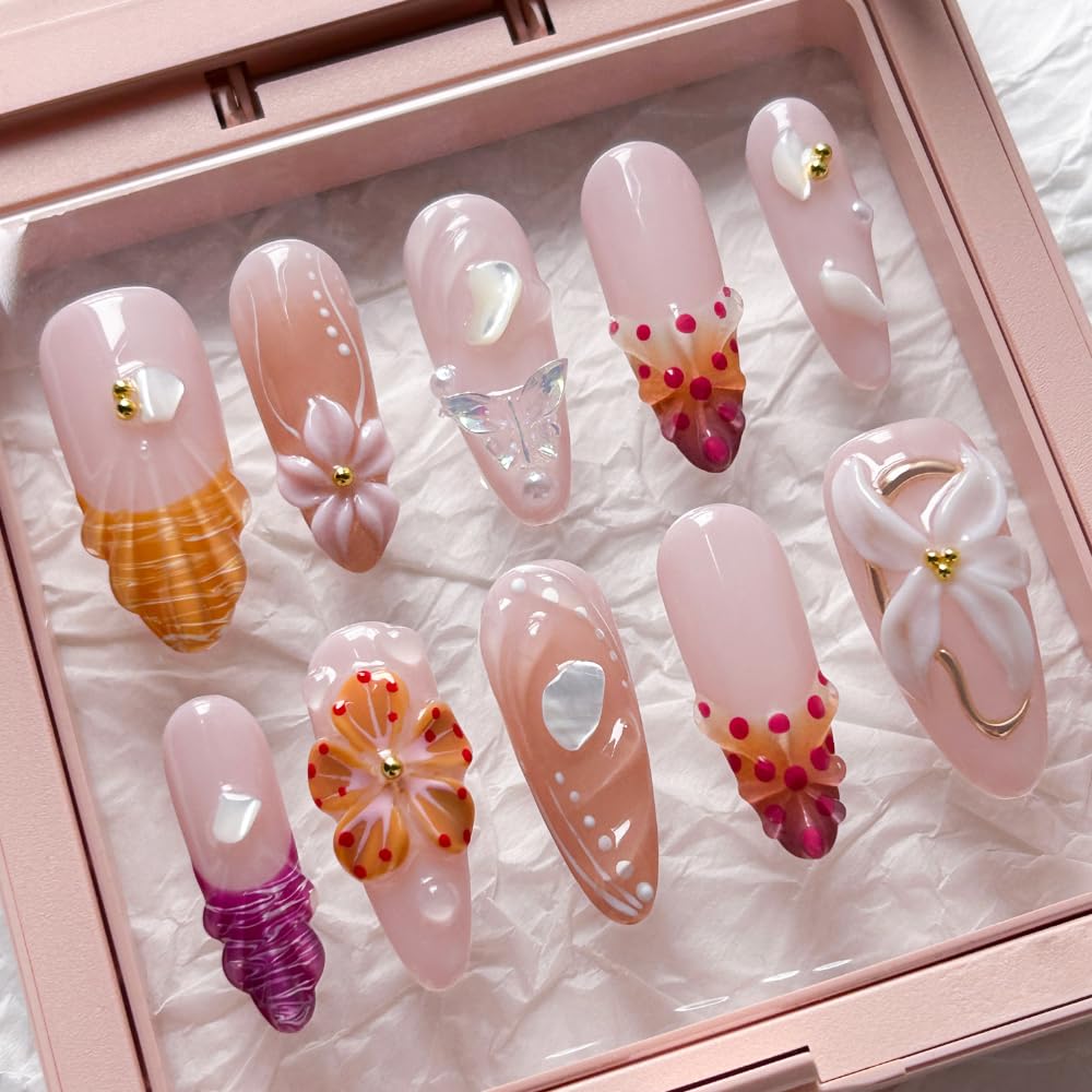 MAGLFELL Press on Nails - Handemade Long Almond Fake Nails, Unique 3D Glossy French Design False Nails, Luxury Stick On Nails for Women, 10 Pcs Acrylic Handmade Fingernails (Size L)