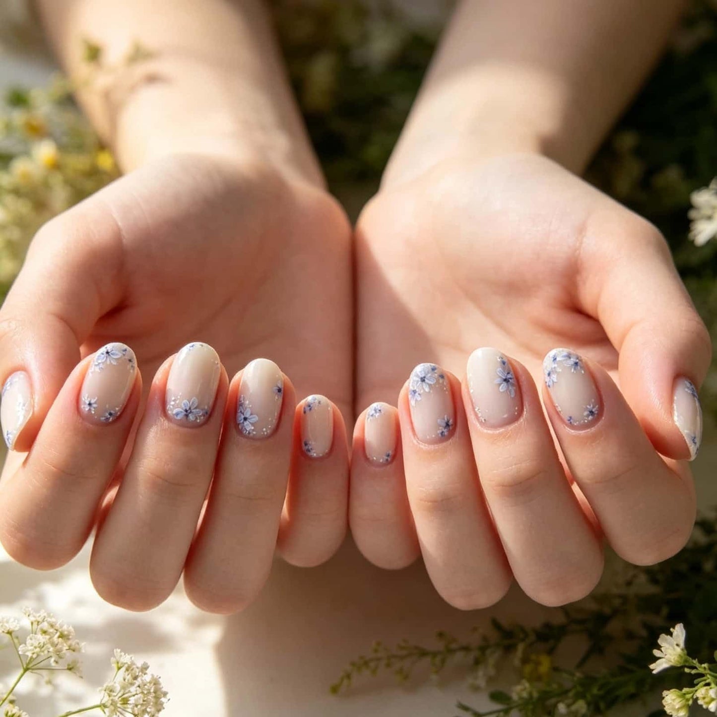 French Flower Press on Nails Short Round Fake Nails with Blue Floral Design Glossy White Glue on Nails Spring Summer Reusable Artificial Nail Full Cover Stick on Nails for Women 24Pcs