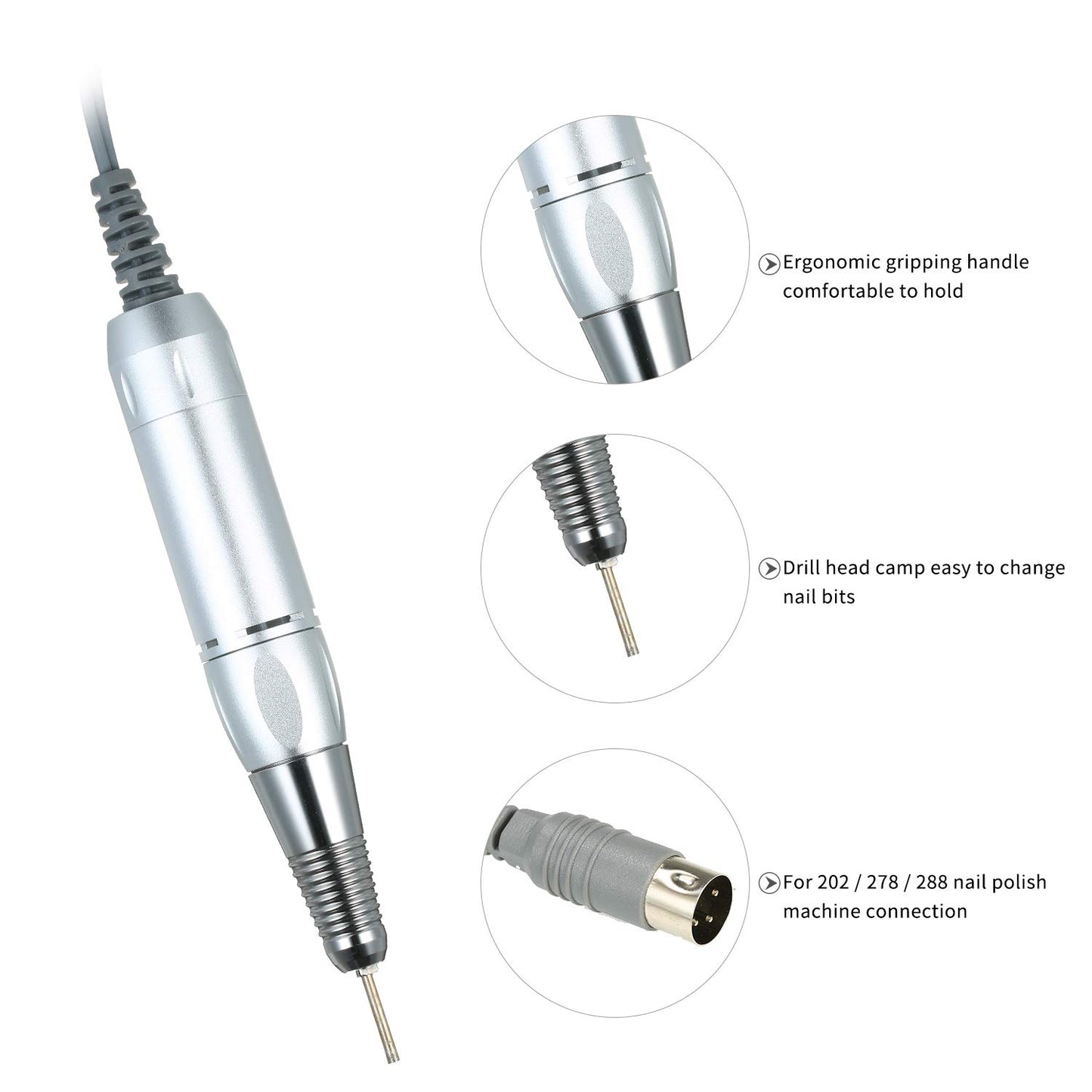 Sunydog Professional Electric Nail Art Drill Pen Handle File Polish Grind Machine Handpiece Manicure Pedicure Tool Nail Art Accessories Sliver