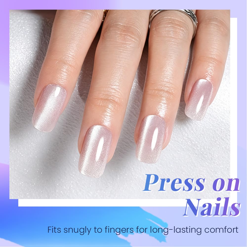XZMeiLun Cat Eye Crystal Press On Nails Square Medium, Magnetic Acrylic Fake Nails Stylish Design, Salon-Quality Shiny Finish, Reusable Stick On Nails Kit for Women, Daily Wear (No Glue Included)