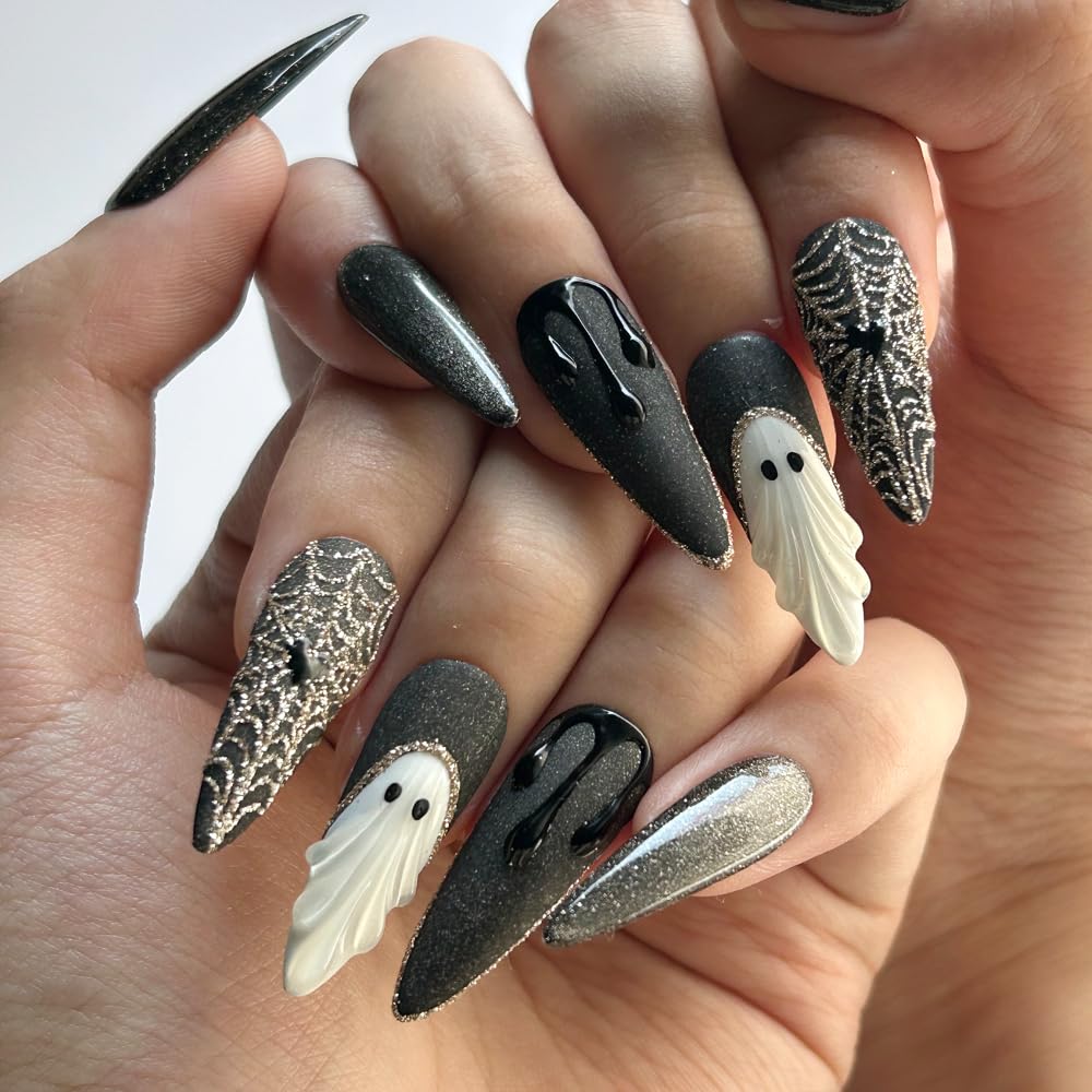 MAGLFELL Halloween Press On Nails Handmade Long Stiletto Fake Nails, Apparition nails Sparkling Design press ons,10 Pcs Reusable Painting Fingernail Tip Salon Artificial Nails Kit (Size S)