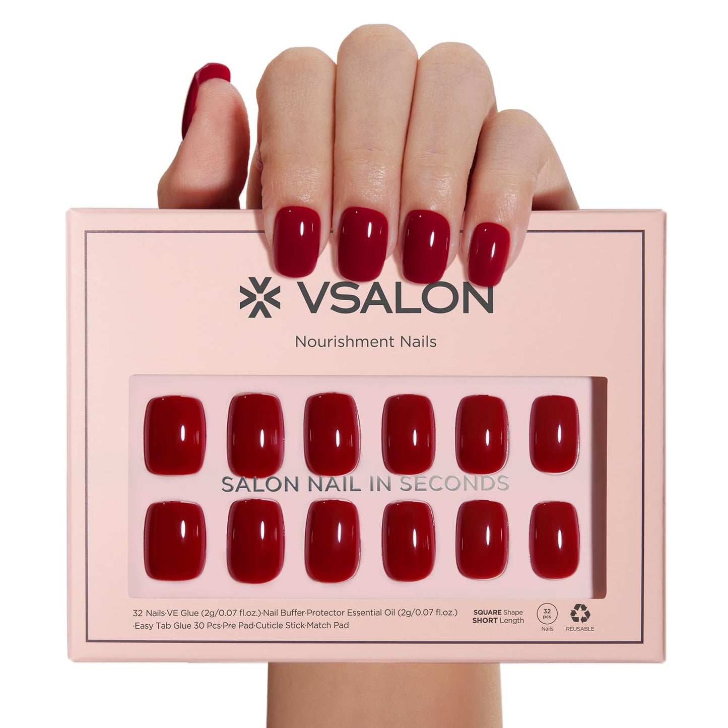 VSALON Short Square Press on Nails - Red Glossy Pastel Fake Nail Kit for Women,Reusable Gel Opaque Spring Summer Glue on Nails with Glue & Cuticle Oil - 32 PCS Stick on Nails in 16 Sizes