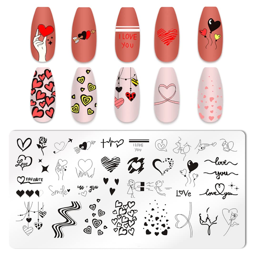 JERCLITY 6pcs Valentine's Day Love Heart Nail Stamping Plate Nail Stamping Kit for Nails Love Heart Image Plates Nail Art Design Nail Stamper Kit for Women