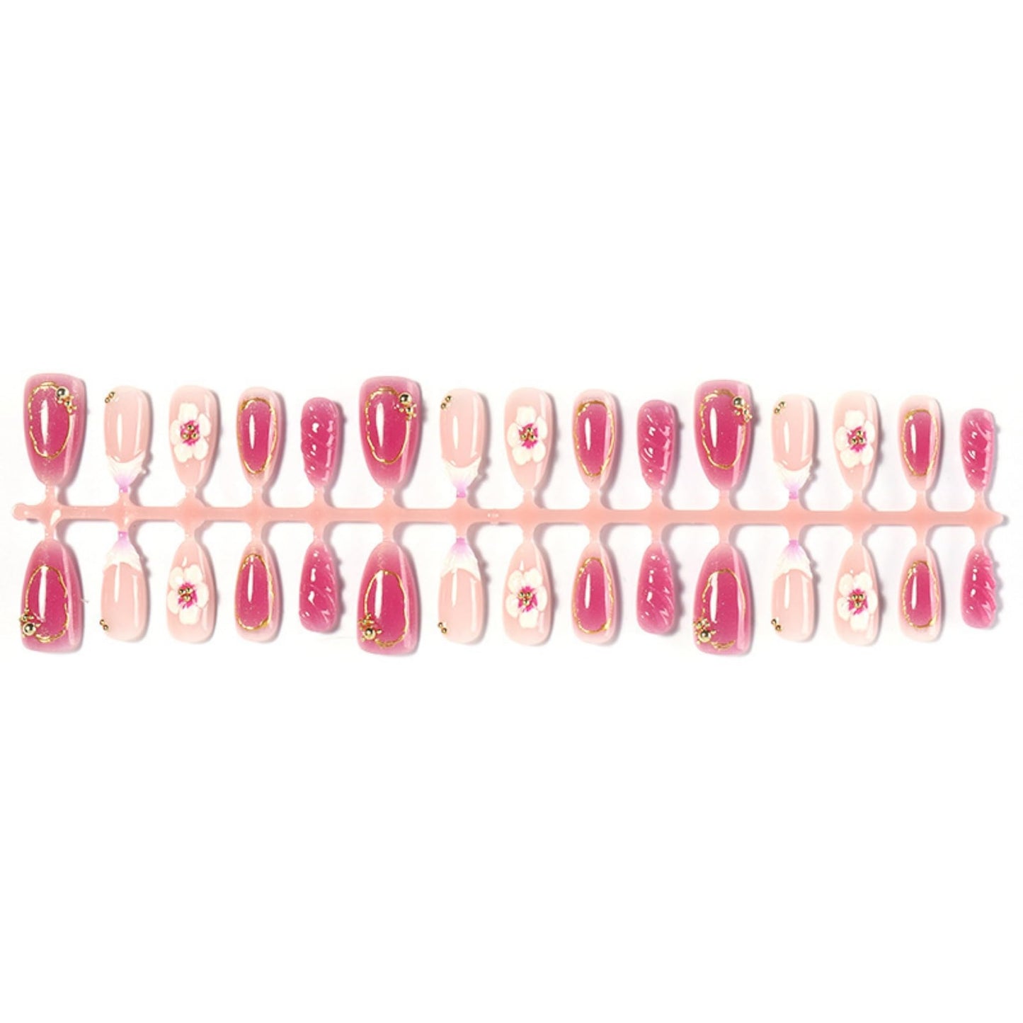 Almond Press on Nails Medium Fake Nails Pink Acrylic Nail Press ons SEENEEY Purple 3D Flowers Gold Charm Designs Cute Beach Stick on Nail for Women 30pcs