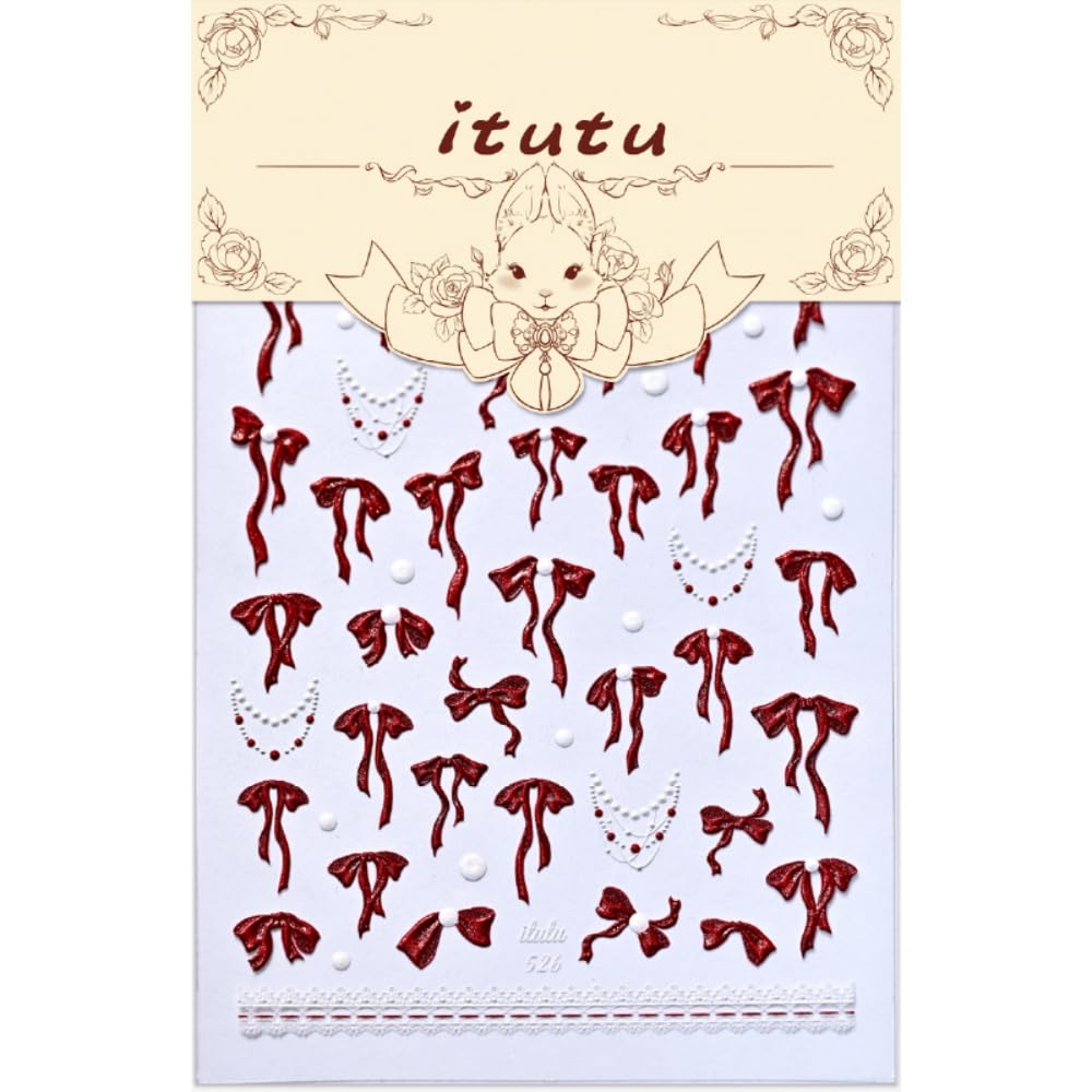 Bow Nail Stickers 5D Embossed Red Bowknot Nail Art Stickers 3D Self-Adhesive Laser Ribbon Nails Supplies White Bead Necklace Nail Decals Stickers Cute Nail Designs for Women DIY Manicure 1 Sheet