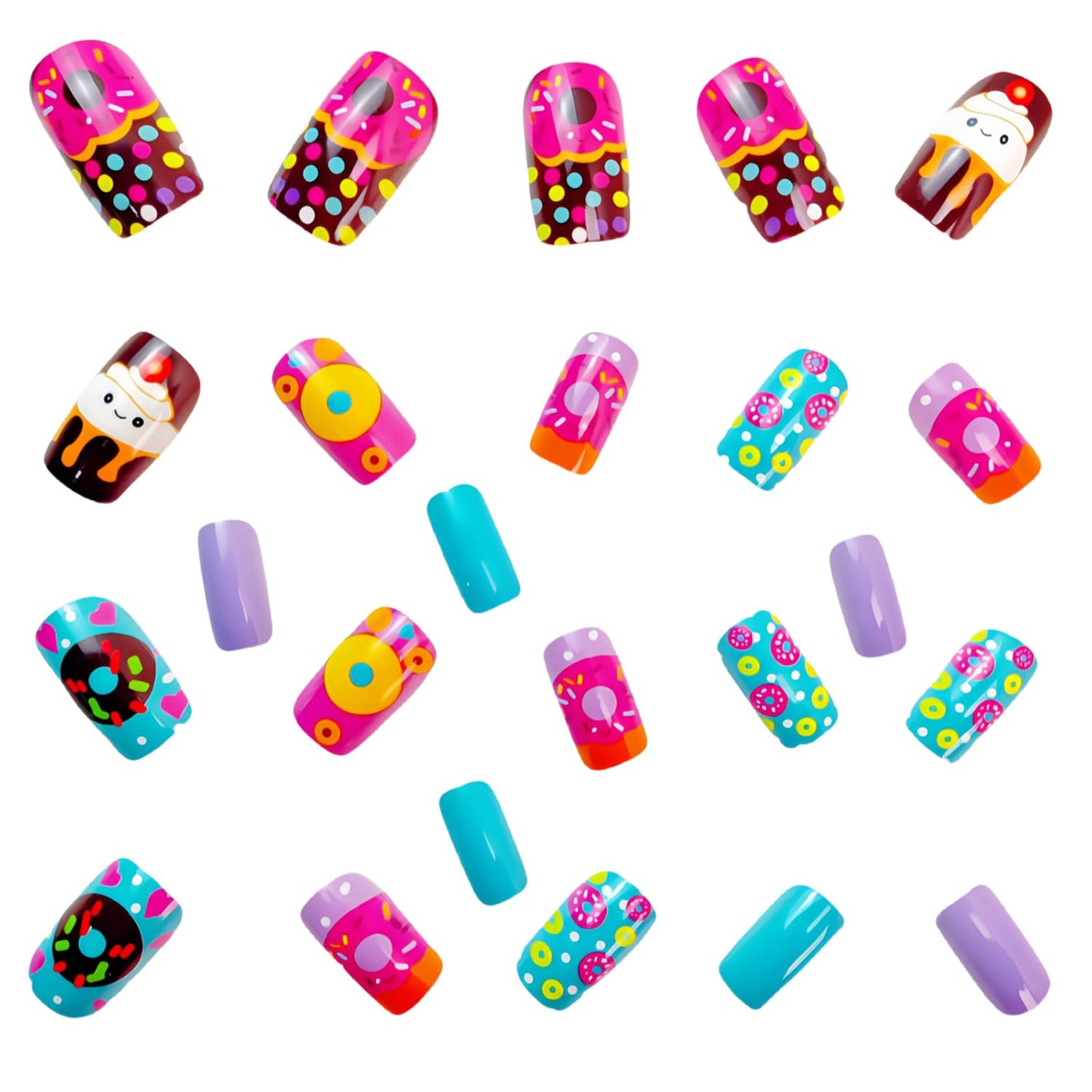 Cute Donut & Cupcake Themed Press on Nails Medium Coffin Shaped Fake Nails with Color Designs Square Press on False Nails Glossy Acrylic Nails Spring Summer Stick on Nail Art for Women Girls 24Pcs