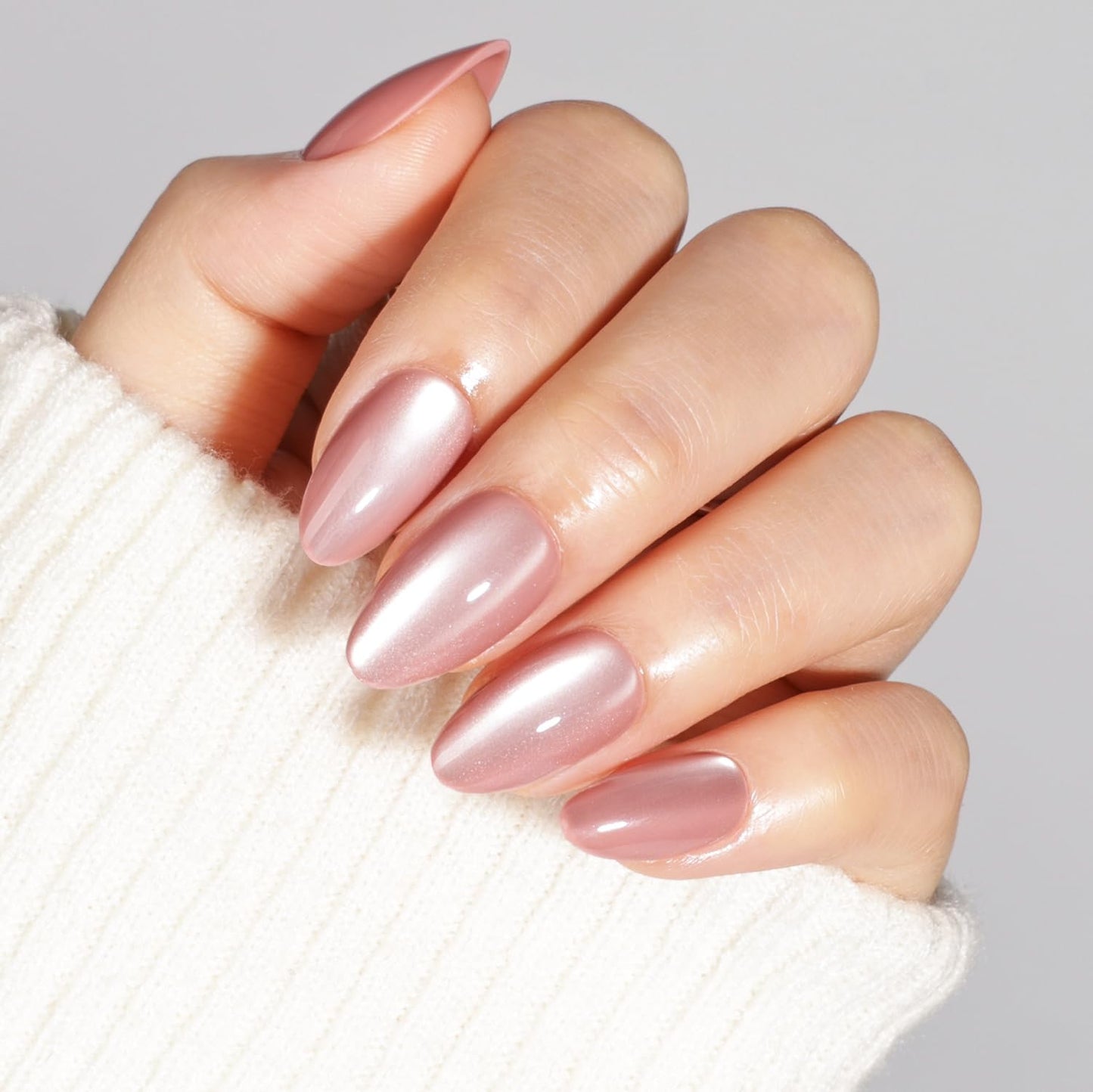 Cat Eye Press On Nails - Mauve Short Almond Fake Nails, CatEye Press On Nails Reusable Stick On Nails in 16 Sizes, 32pcs False Nail Kit for Women & Girls (Metallic Mauve)