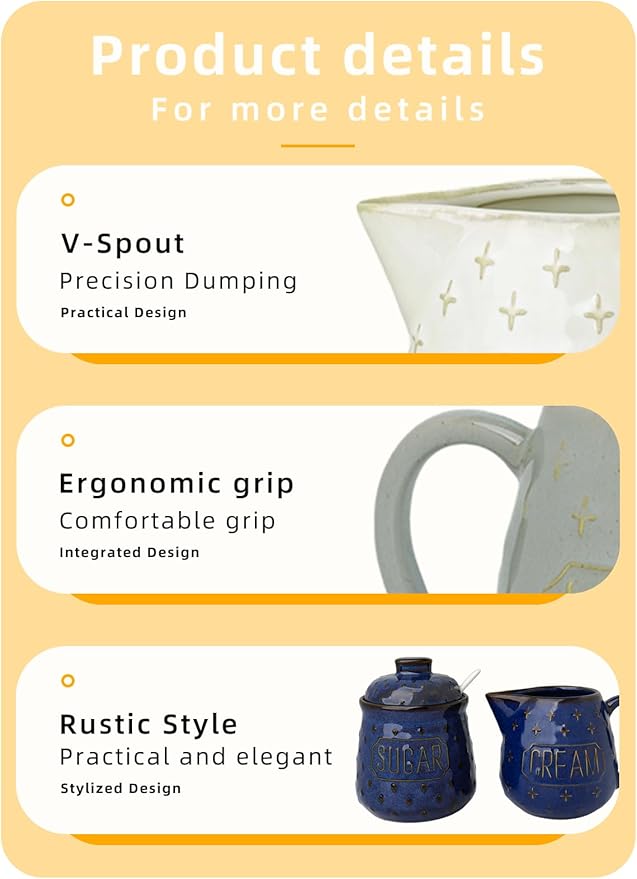 GDCZ Ceramic Sugar and Creamer Set, Coffee Serving Set, Sugar Bowl with Spoon and Cream Pitcher, Milk Creamer and Sugar Container (White)