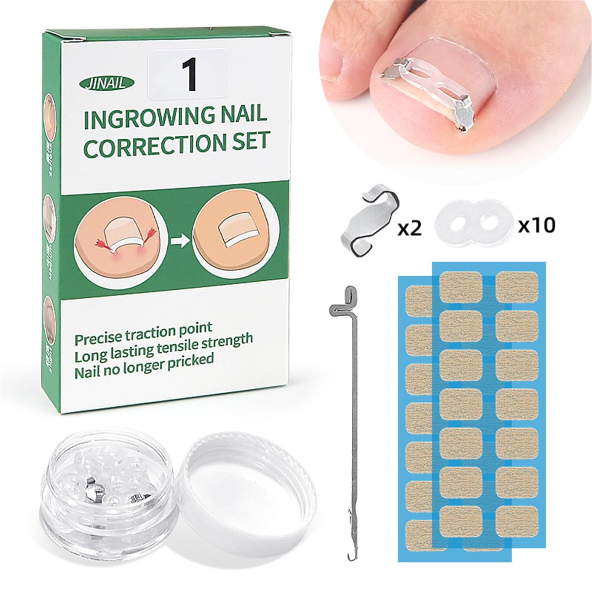 Ingrown Toenail Correction Tool Set, 2 Stainless Steel Insert Clips Ingrown Toenail Treatment Elastic Silicone Strips Ingrowns Nail Corrector Patch Pedicure Tool Removal Kit for Curved Toe Nail Repair