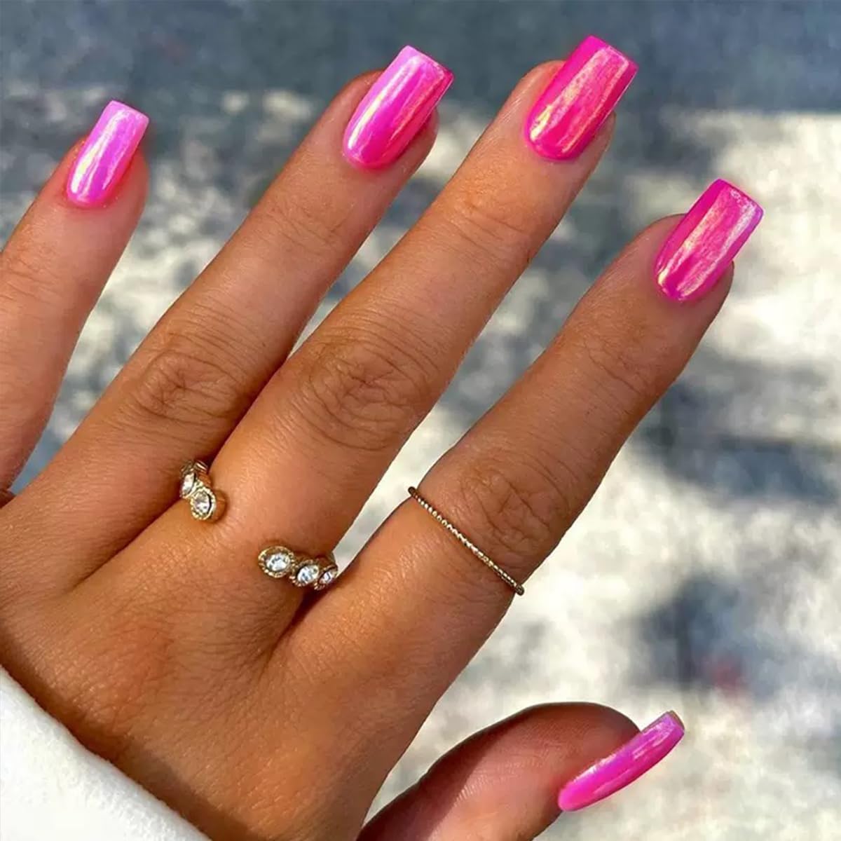 6 Packs (144 Pcs) Press on Nails Medium Square Fake Nails Chrome False Nails with Designs Hot Pink Siliver Glue on Nails Full Cover Solid Color Glossy Acrylic Stick on Nail for Women Manicure