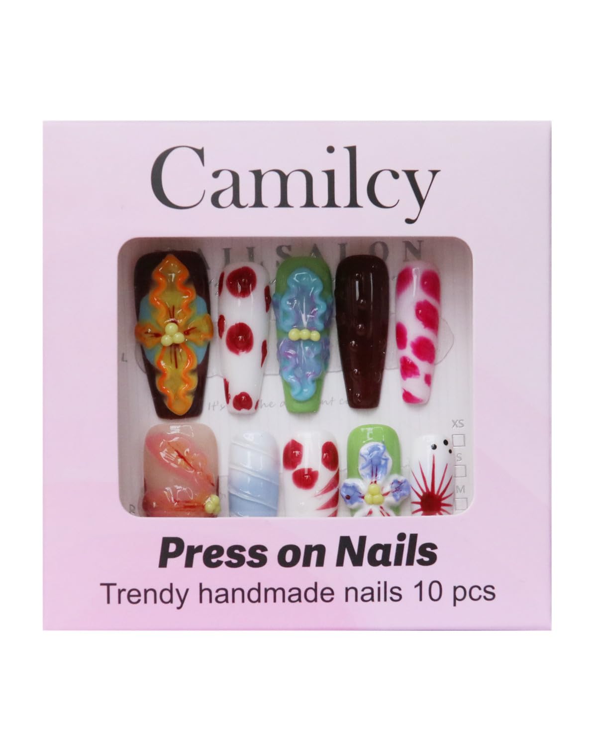 CAMILCY Handmade Press on Nails Long Coffin Glossy 3D Floral Luxury Fake Nails Red Brown Acrylic Nails Art for Women Daily Party Handcrafted Artisan10pcs Nails (B21, S)