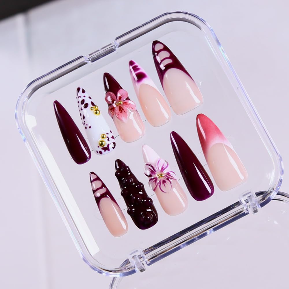 MAGLFELL Press On Nails - Handmade Long Stiletto Fake Nails, 3D Painting Purple French and Floral Design, Reusable Artificial False Nails for Women 15 Sizes - 30Pcs Stick On Nails Kit