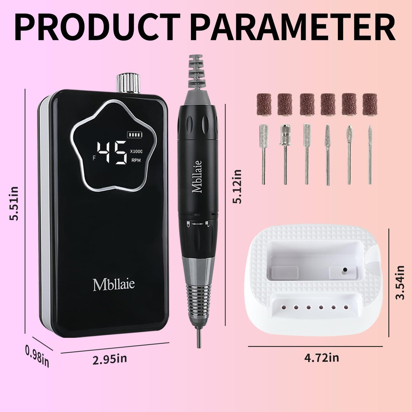 Professional Electric Nail Drill 45000 RPM:Rechargeable Nail File Machine Kit for Acrylic Gel Nails Polishing Removing Portable Cordless Efile with Base Ultra Power Salon & Home Use