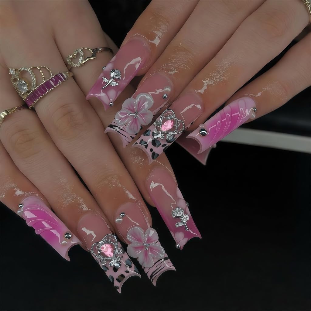 Pizadix 110Pcs Silver Pink Nail Art Charms, 3D Heart Cherry Butterfly Gun Cross Bow Jewelry, Y2K Kawaii Designer Supplies for Nails