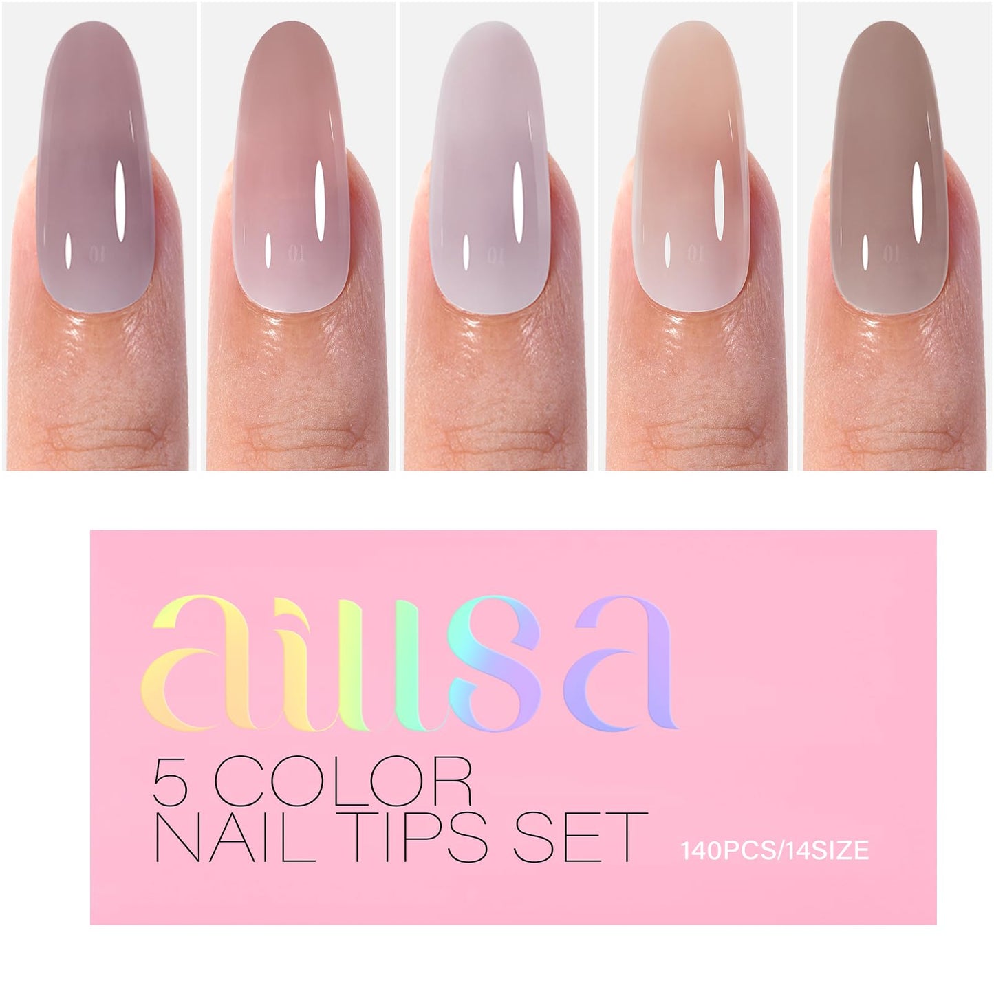 AILLSA Medium Gel Nail Tips Oval Shape 5 Natural Colors 4 in 1 False Nail Tips Set Press on Nails 140 PCS Pre-applied Tip Primer