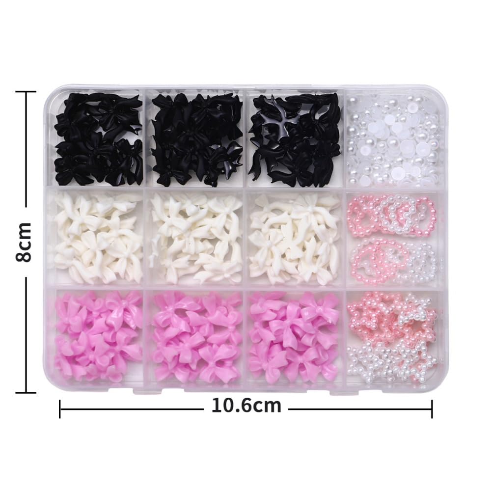 Bow Nail Charms 3D Resin Pink White Nail Gems Cute AB Crystal Bowknot Nail Jewels Shiny Bowknots Nail Art Supplies for Women DIY Acrylic Nail with Tweezers 12 Grids 1 Box 12 Styles