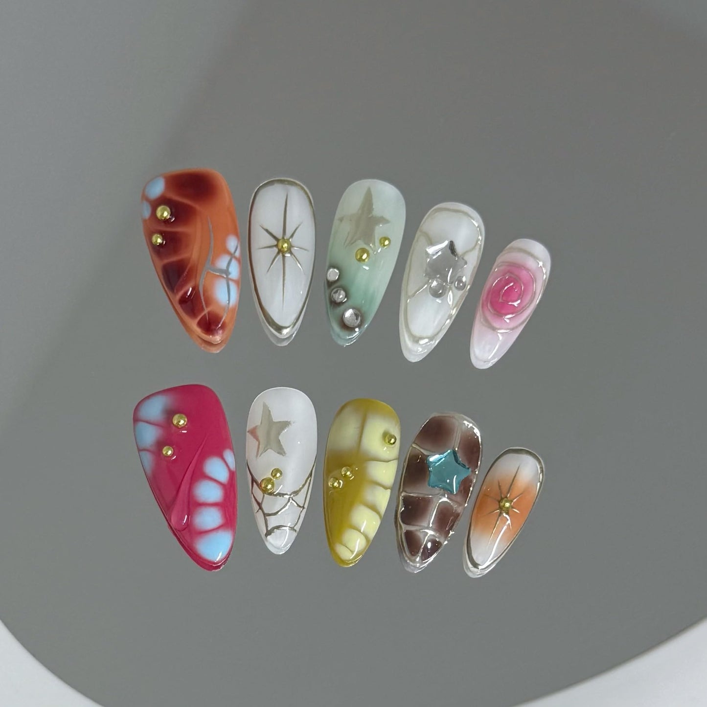 10Pcs Medium Almond Handmade Press On Nails | Easy Apply & Remove, Reusable Salon Quality Nails | Y2K Punk Multicolor Fake Nails with 3D Floral, Star & Gold Bead Accents (5U01, M)