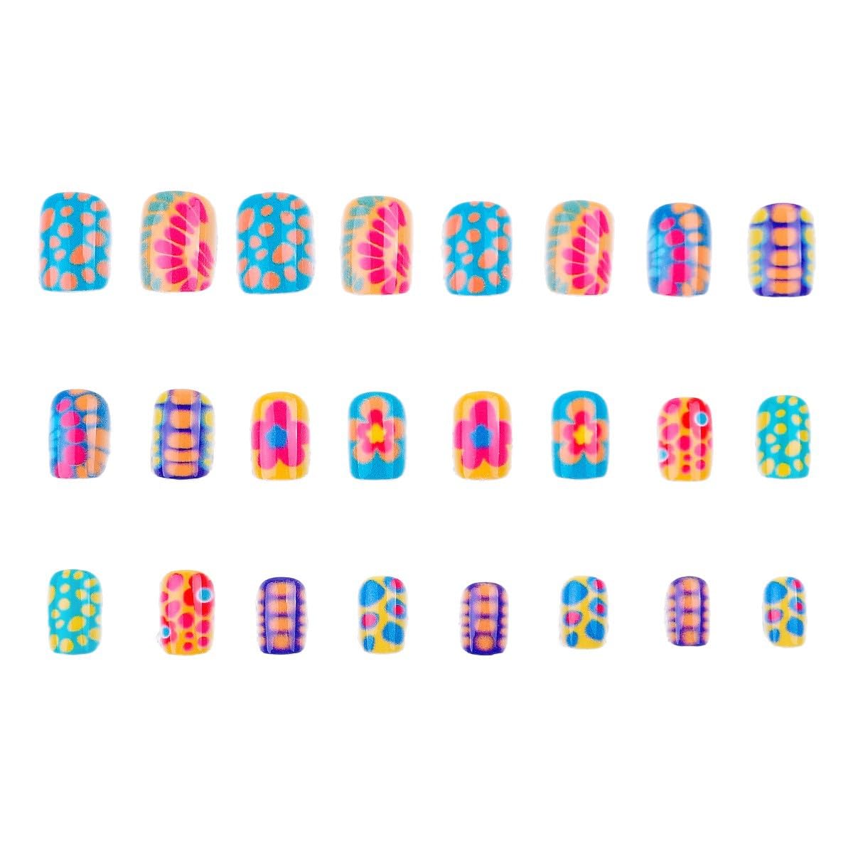 plalely Square Press on Nails Short Colorful Fake Nail Turtle Stripes with Flower Design Acrylic Nail Press ons Classic Stick on Nail for Women 24pcs