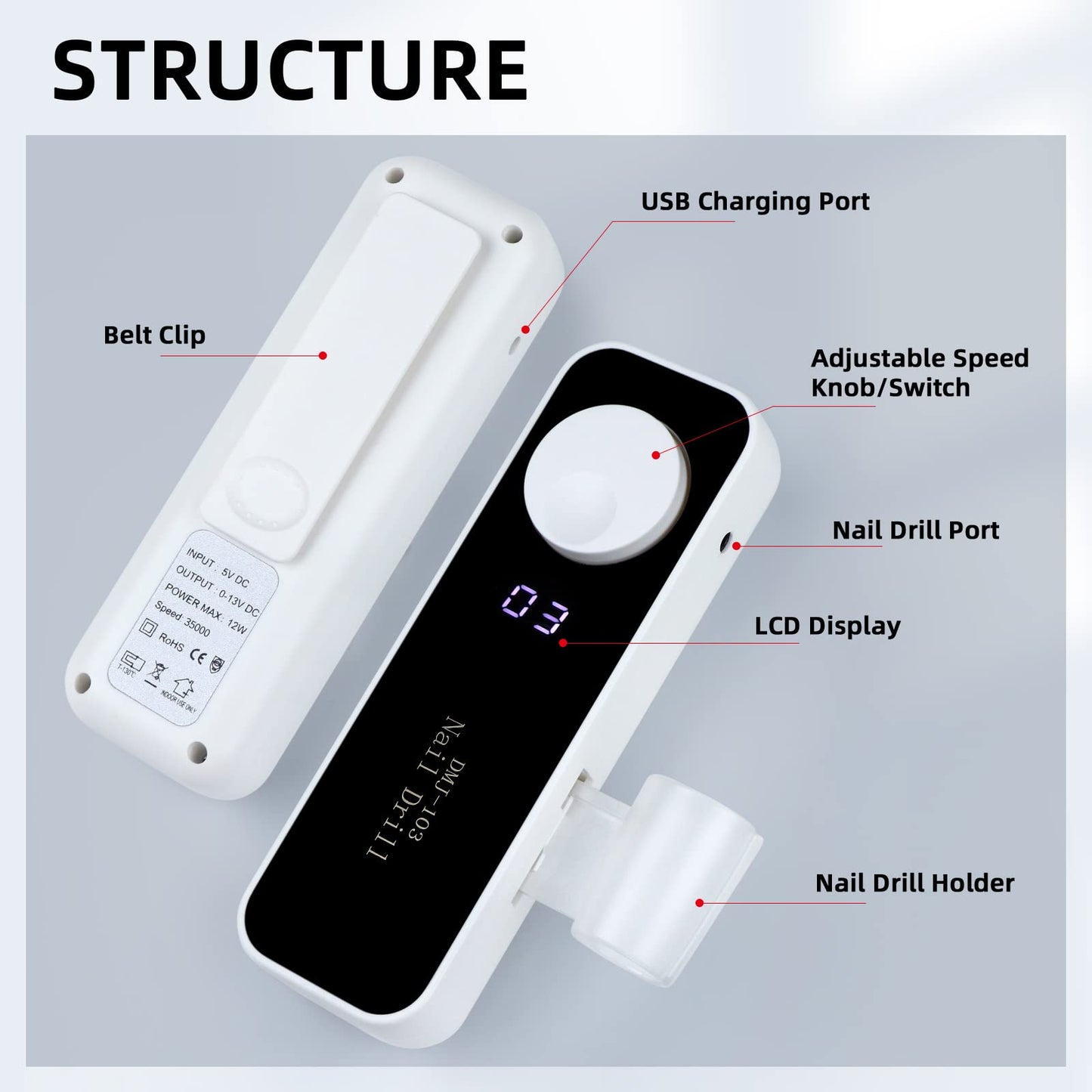 SAVILAND Electric Nail Drill 35000RPM: High Speed Portable Nail Drill Machine Nail File with Ceramic Corn Bit USB Rechargeable for Acrylic Gel Nails Removal Manicure Pedicure Kit for Home Salon White
